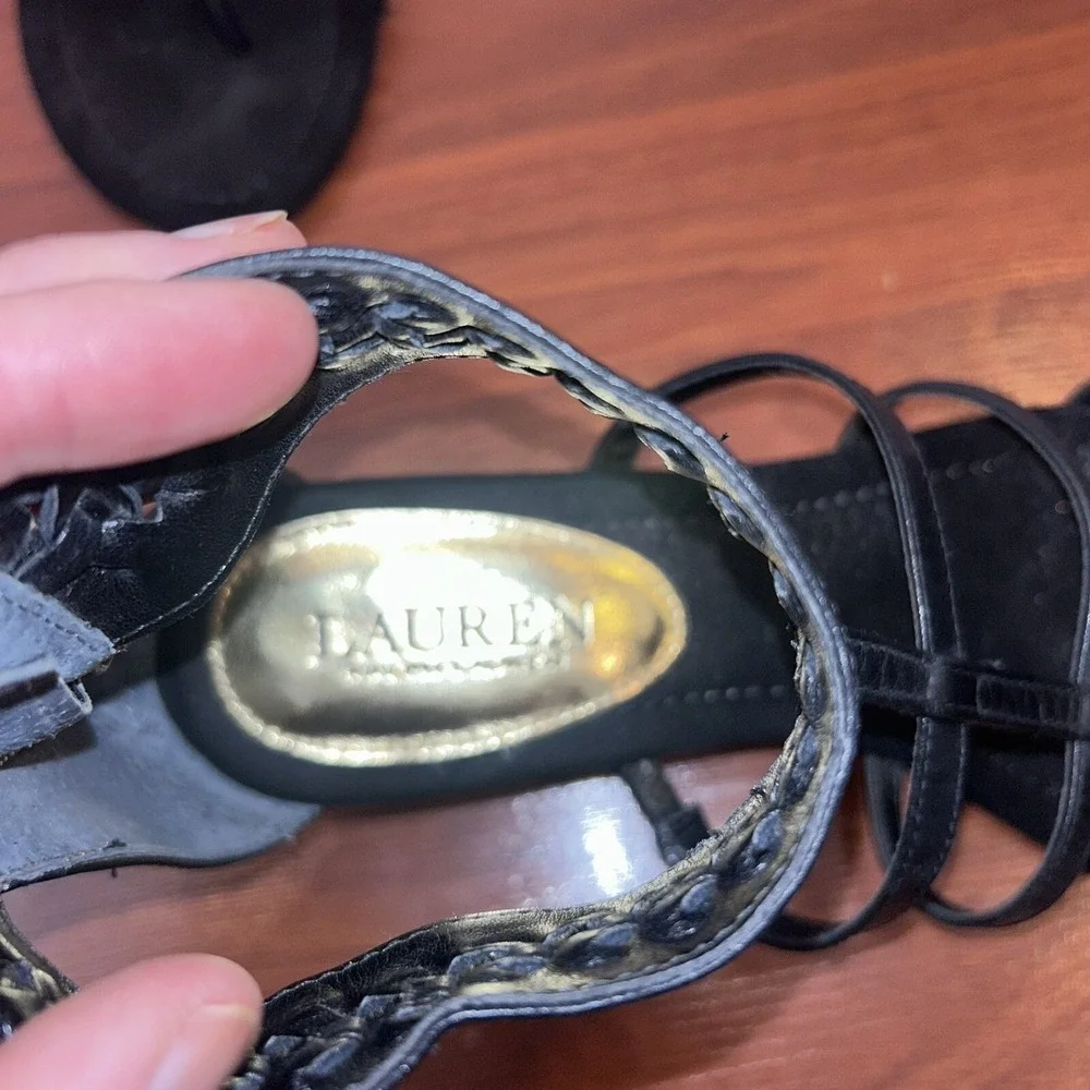 Lauren Ralph Lauren Meira Black Leather Strappy Wedge Sandals Braided Ankle 8.5B